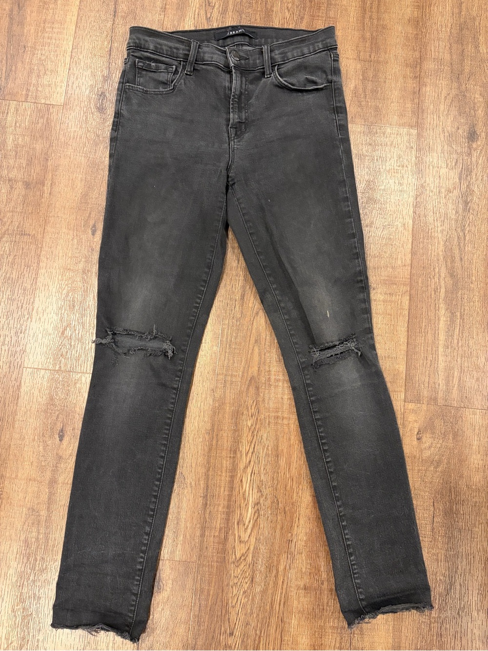 J Brand Black Distressed Skinny Jeans Size 27 Ripped Knees Raw Hem